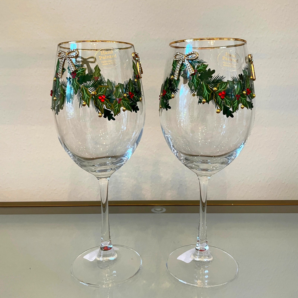 Hand Painted Jeweled Christmas Wine Glass Set of 2 Coquette Bow Barware NEW